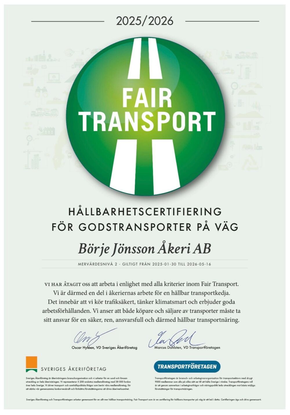 Hållbarhetscertifiering för godstransporter på väg.